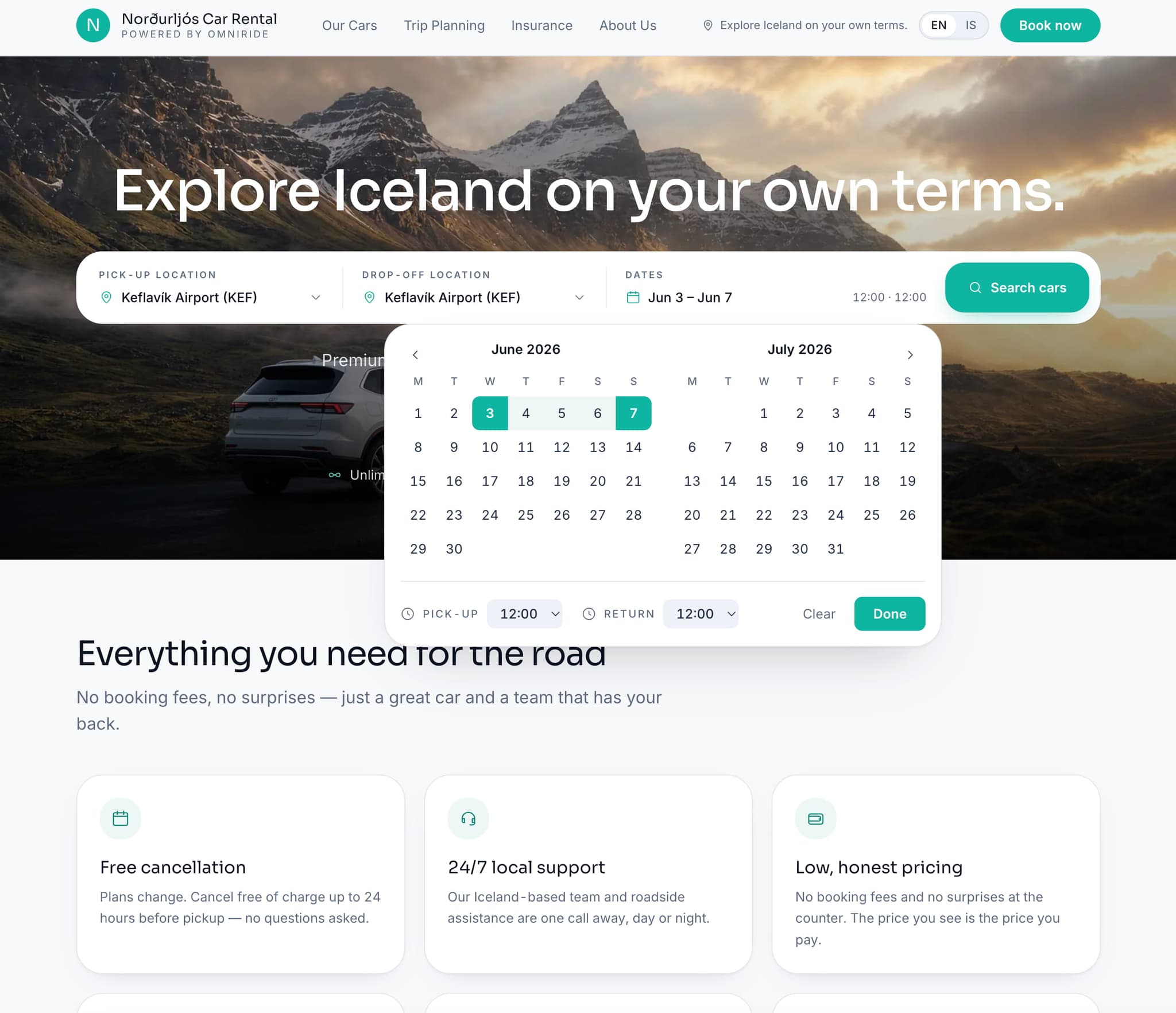 Norðurljós Car Rental storefront — powered by Omniride
